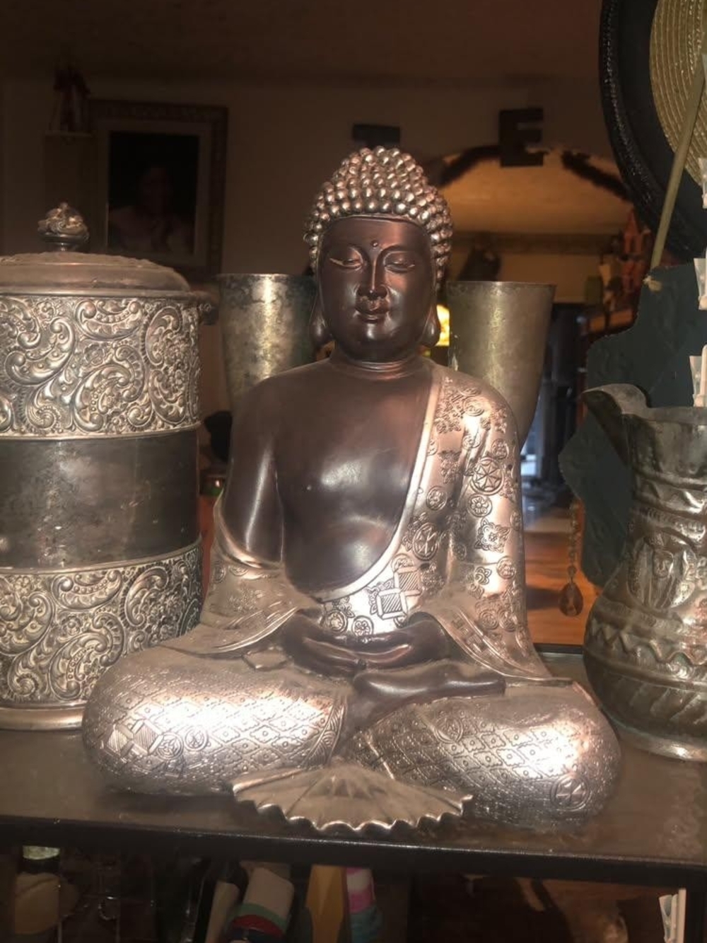 Decorative Buddha Statue in Bronze and Silver Finish - Home Accents